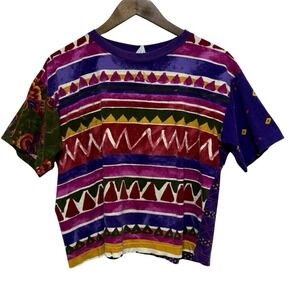 United Colors Benetton TShirt Womens M Purple Graphic Cropped Short Sleeve 80s